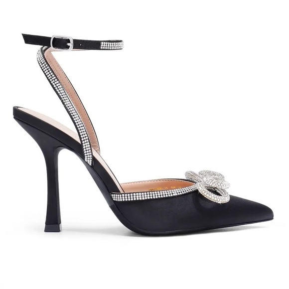 Nwob Rhinestone Bow Pointy Toe Satin Heels Black Silver Size 10 - Picture 2 of 16